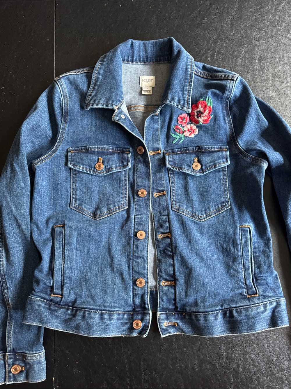 J. Crew Blue Denim Jacket with Red & Pink Floral Embroidery